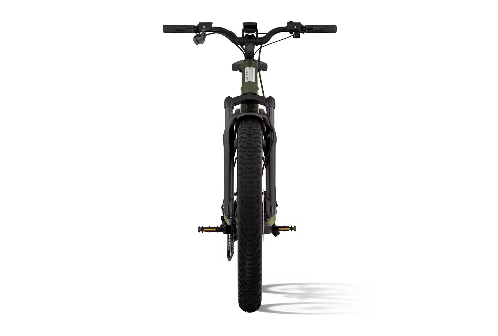 Rex E-Bikes Aventon Aventure.M E-Bike with camouflage front view, showcasing the bike's frame and front wheel design.