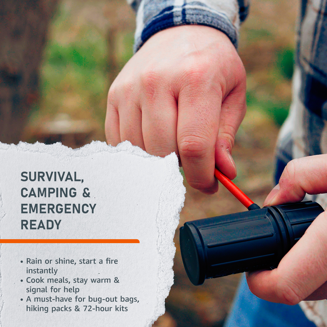 Emerge Survival fire kit featuring flint, tinder, and tools for starting a fire in outdoor survival situations.