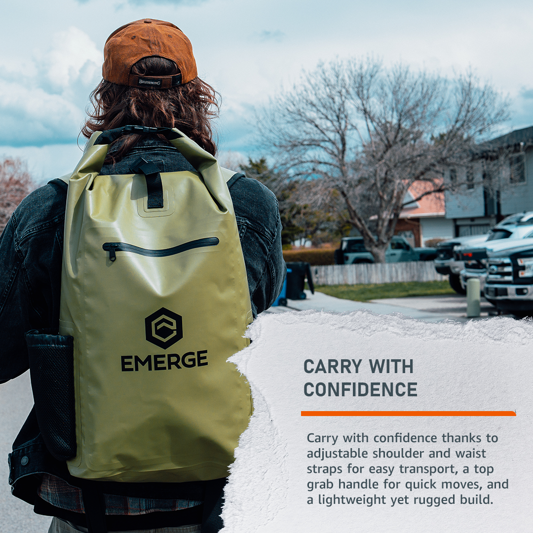 Black 50L heavy-duty dry bag with straps from Emerge Survival, designed for waterproof storage during outdoor adventures.