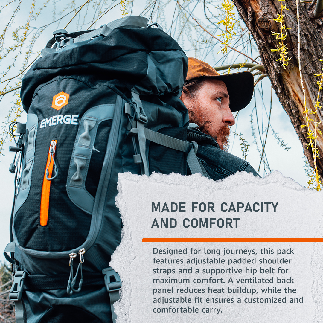 Emerge Survival 80L Ranger survival backpack with multiple compartments and sturdy straps, ideal for outdoor and emergency use.