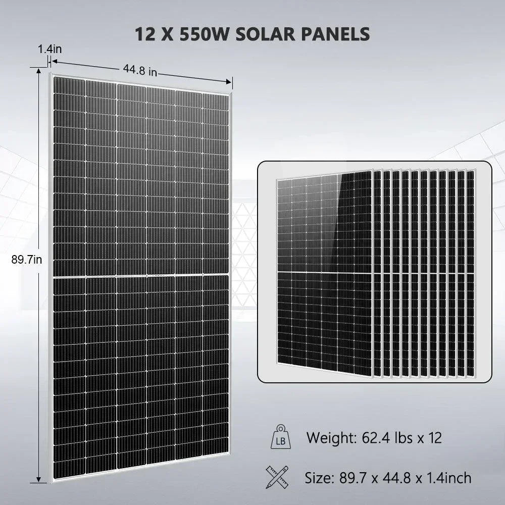 Green Vista Living Off Grid Solar Kit with 12 solar panels, 10KW inverter, and lithium battery system for sustainable energy.