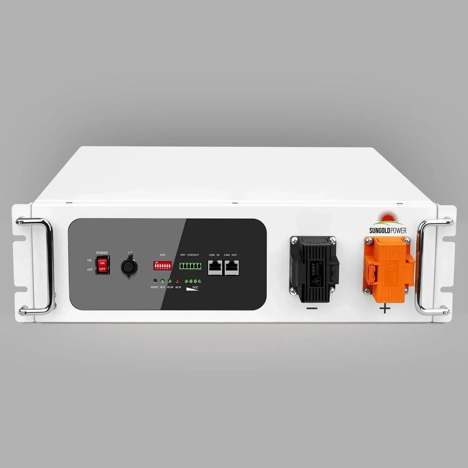 Green Vista Living Sungold Power SGH48100T lithium server rack battery with self-heating feature, 48V 100AH capacity in a professional setup.