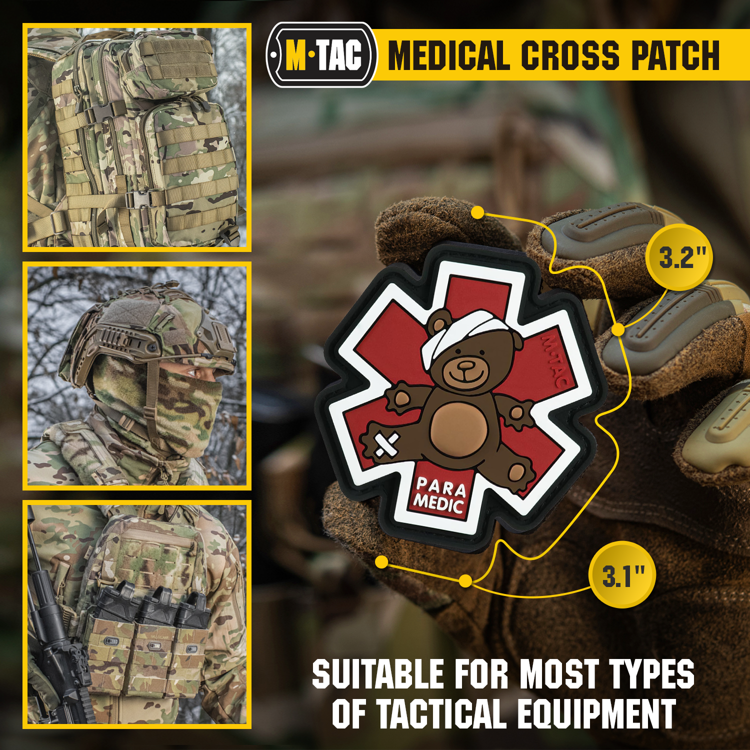 Embroidered M-TAC Paramedic Bear patch featuring a detailed bear design and vibrant colors on a fabric background.