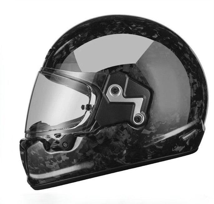 Bean's Moto Booth AMZ™ Retro Carbon Fiber Fiberglass Helmet with sleek black and carbon fiber finish, featuring a clear visor and ventilation vents.