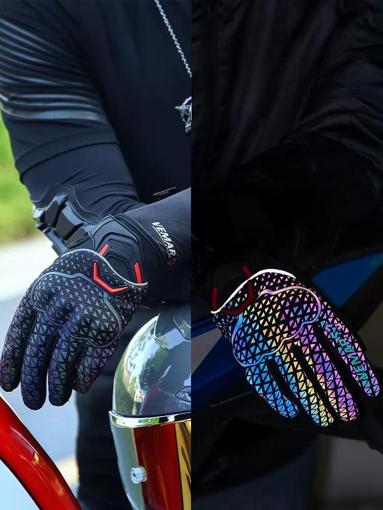 VEMAR™ Night Elf Reflective Motorcycle Gloves showing black gloves with reflective accents and reinforced palms for rider safety.