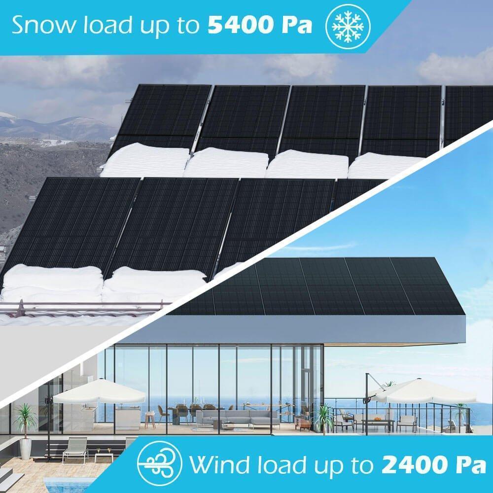 Set of 32 Green Vista Living Sungold Power 370W mono black PERC solar panels on full pallet, showing black crystalline panels.