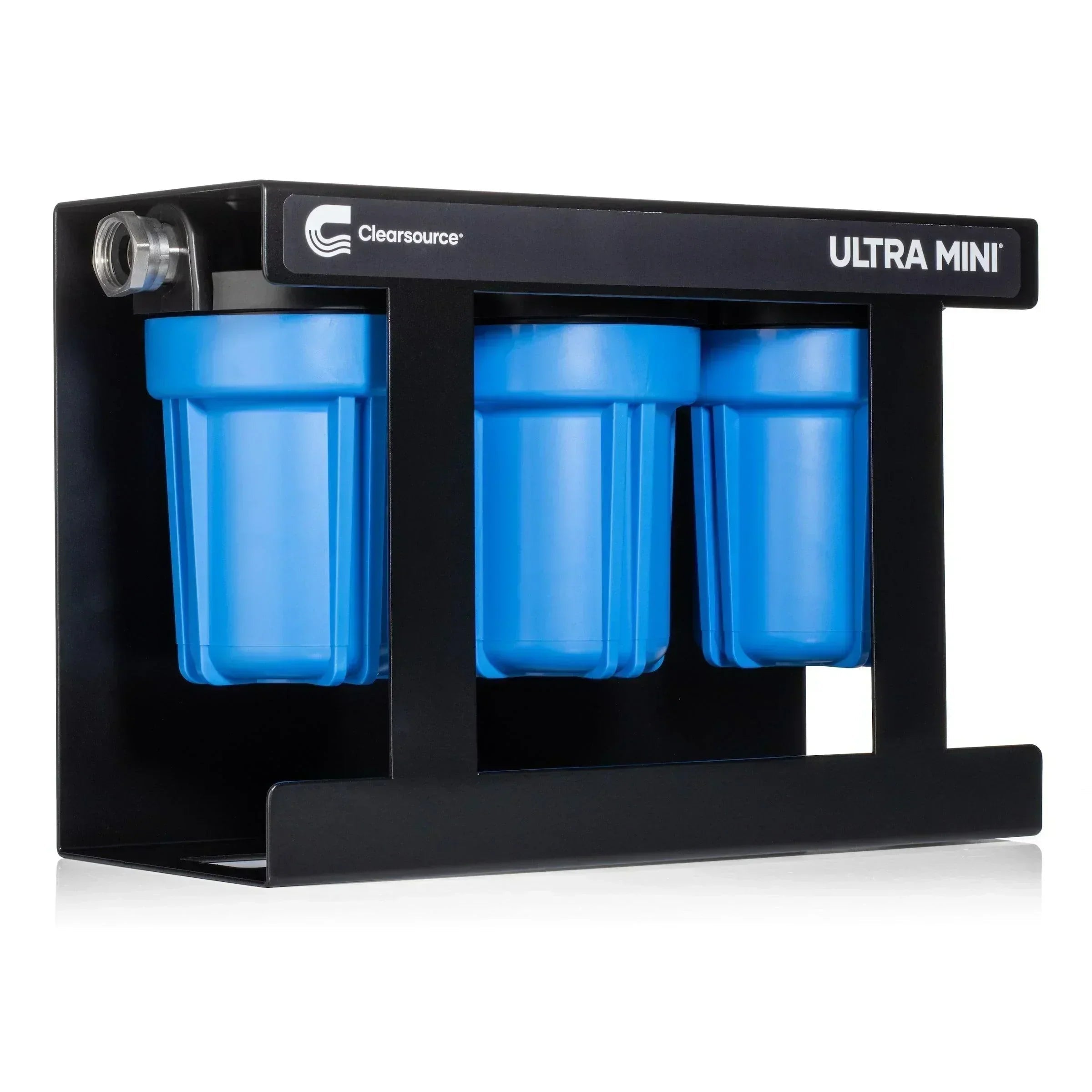 Green Vista Living Clearsource Ultra Mini RV water filter system showing compact design and inlet/outlet connections for clean drinking water.