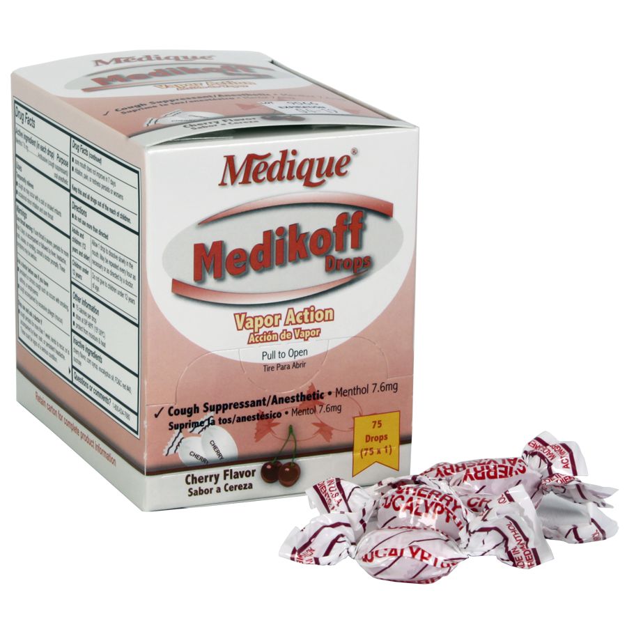 Medikoff Drops medication box with 75 units, featuring small bottles and packaging for medicine and topicals by quakekits.com