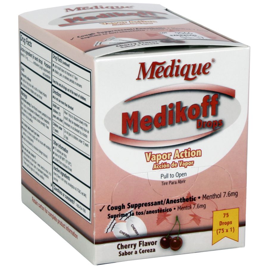 Medikoff Drops medicine in a box, showing a blister pack with small liquid dropper bottles, used for topical or medicinal purposes.