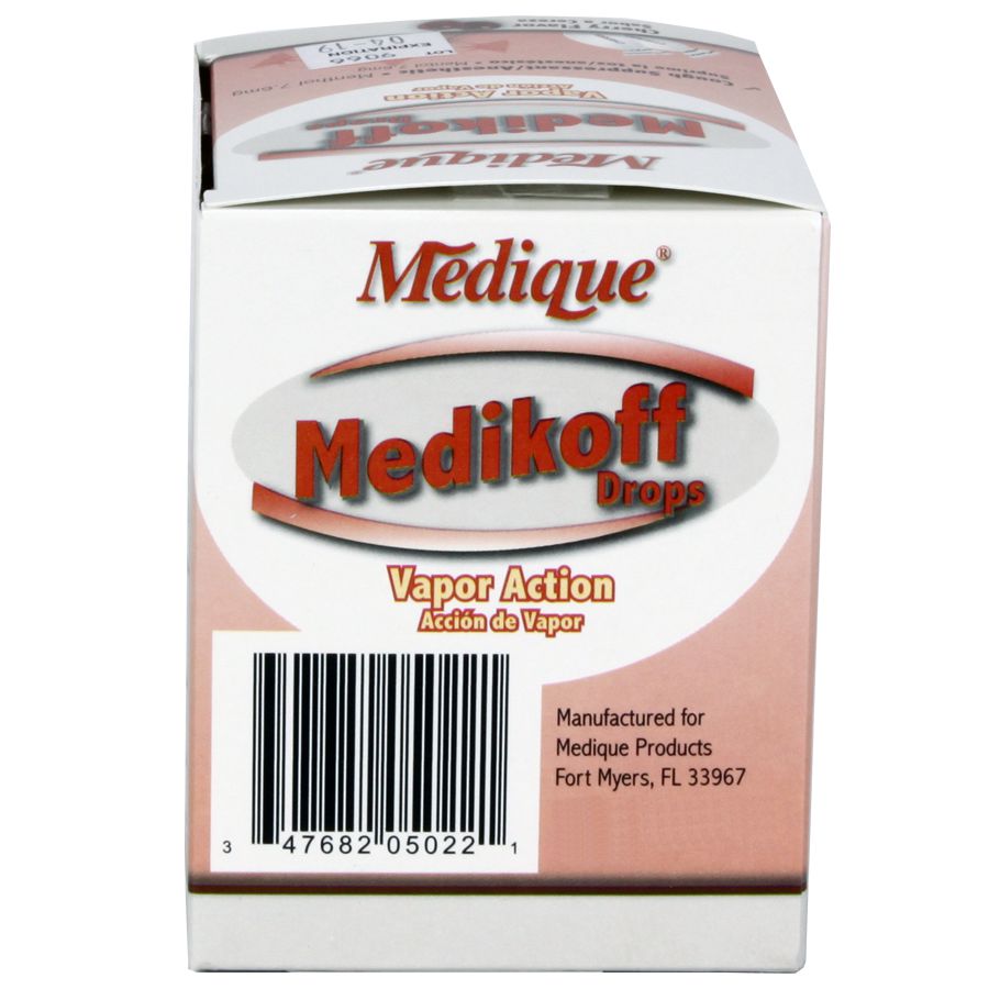 Medikoff Drops medicine box with 75 drops, featuring small dark glass bottle and dropper, used for topical or oral health applications.