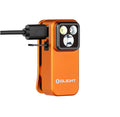 MUCITUP Olight Oclip Pro flashlight with clip, showing flood, spot, and red modes in four color options.