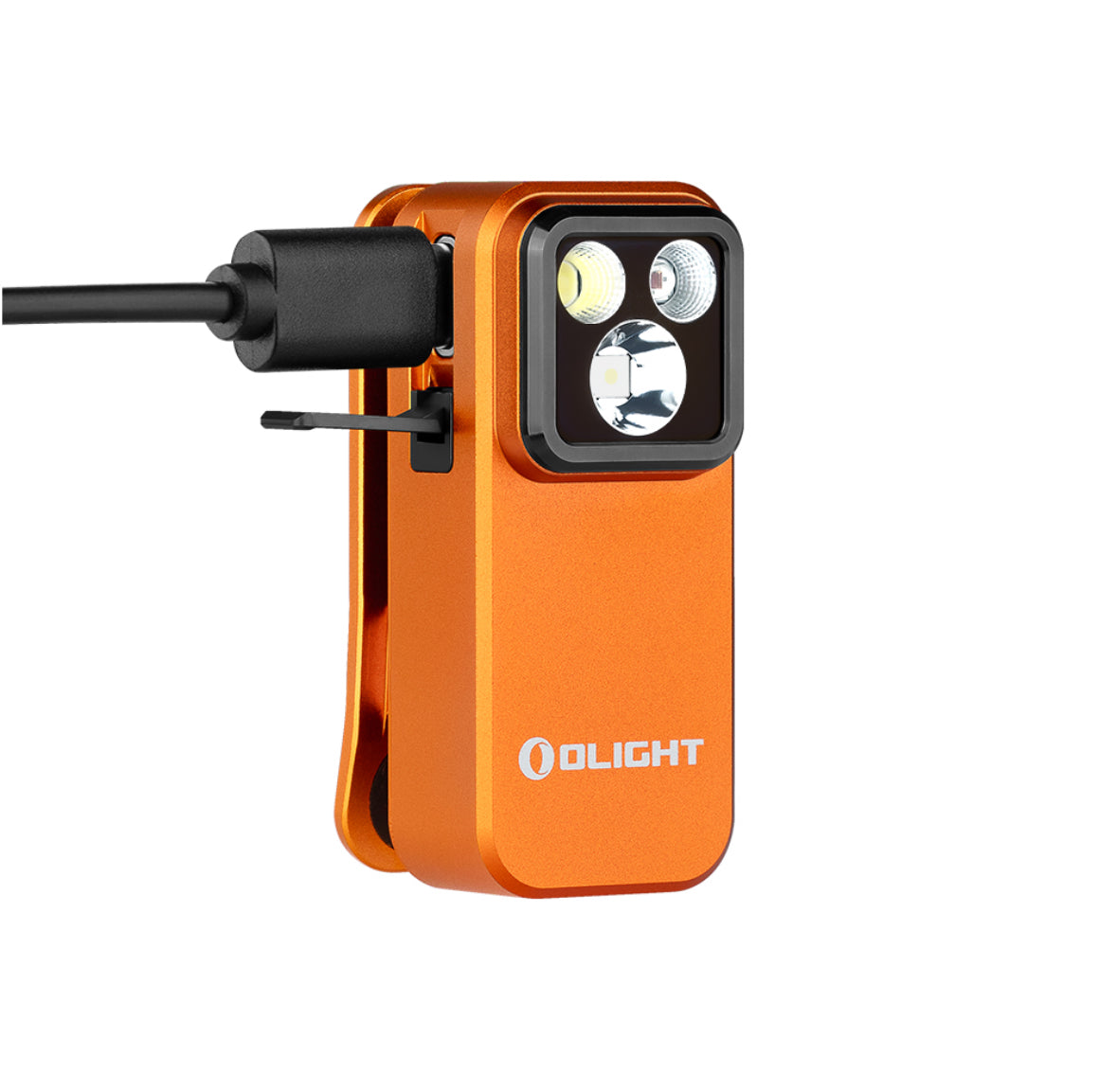 MUCITUP Olight Oclip Pro flashlight with clip, showing flood, spot, and red modes in four color options.