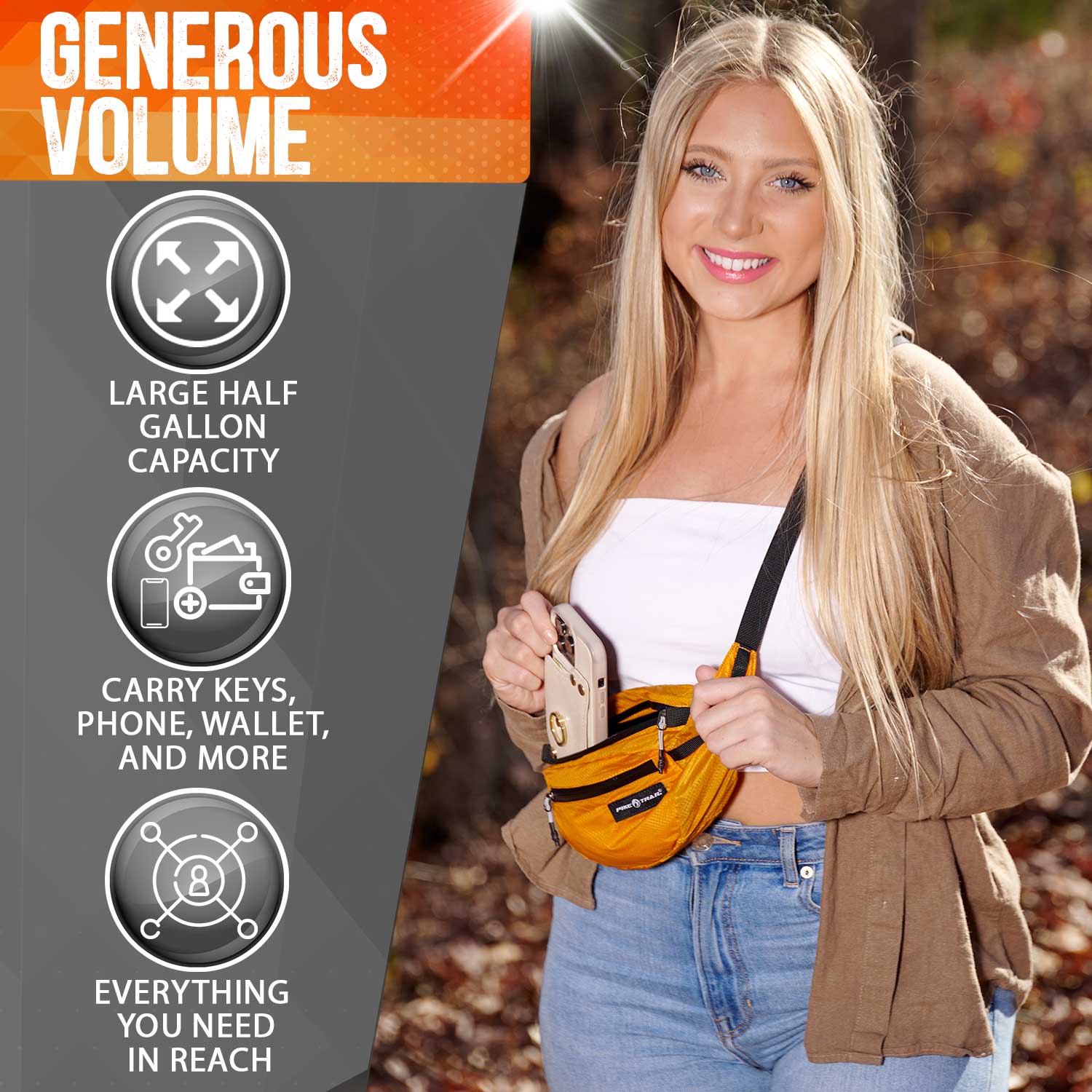 Pike Trail fanny pack with adjustable strap and multiple compartments, worn across the waist for hands-free convenience.