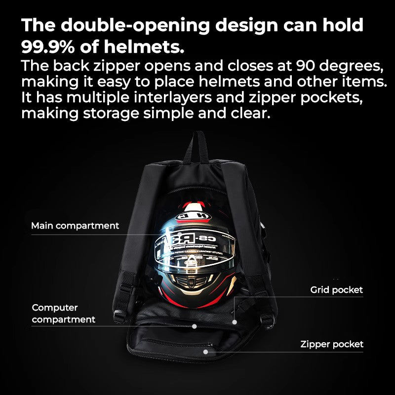 Bean's Moto Booth ALBERS™ Illuminated Helmet Backpack, motorcycle backpack with built-in lights, tribute edition in black with reflective accents.