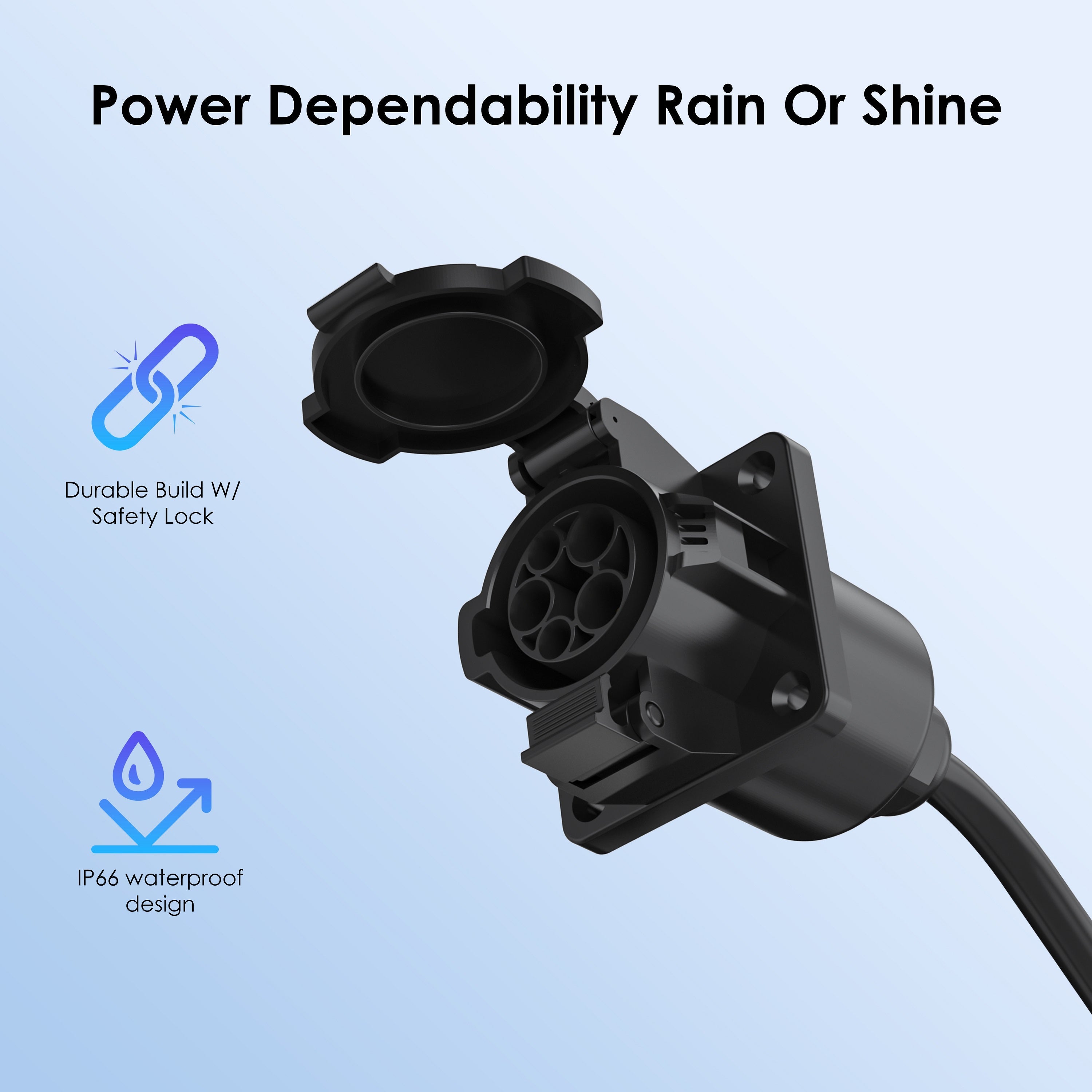Rexing J1772 32A EV extension cable connected to electric vehicle charging port, black cable with connector and cable management.