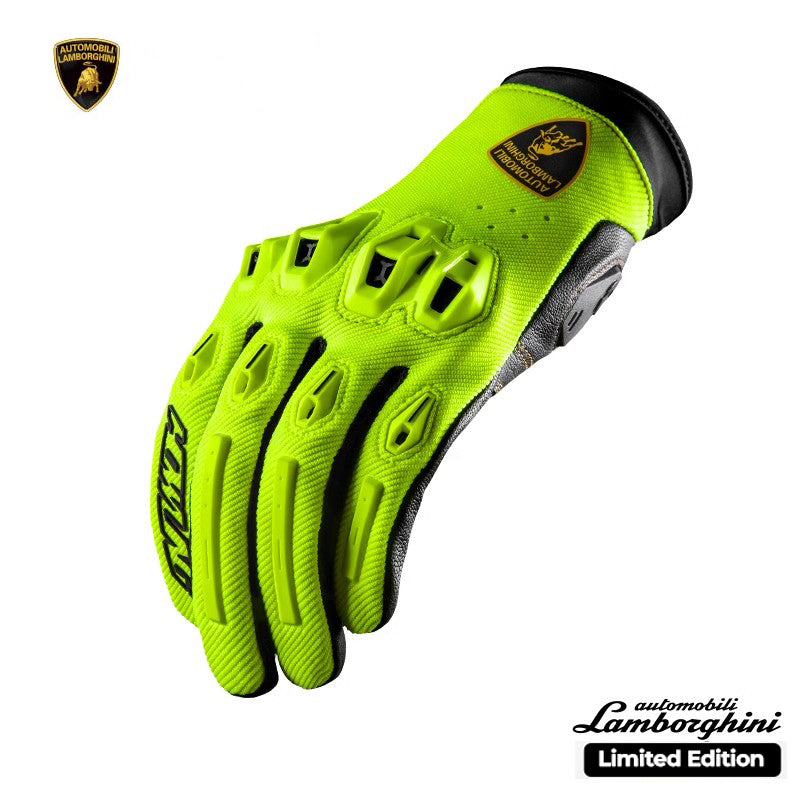 Alien Monster Battle Mech Lamborghini co-branded motorcycle gloves by Bean's Moto Booth, featuring detailed alien and Lamborghini designs.