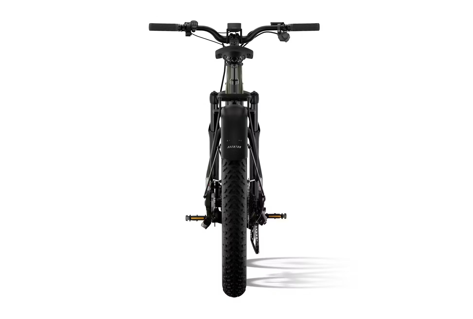 Aventon Aventure.M E-Bike by Rex E-Bikes showing the camouflage rear view with disc brakes and thick tires.
