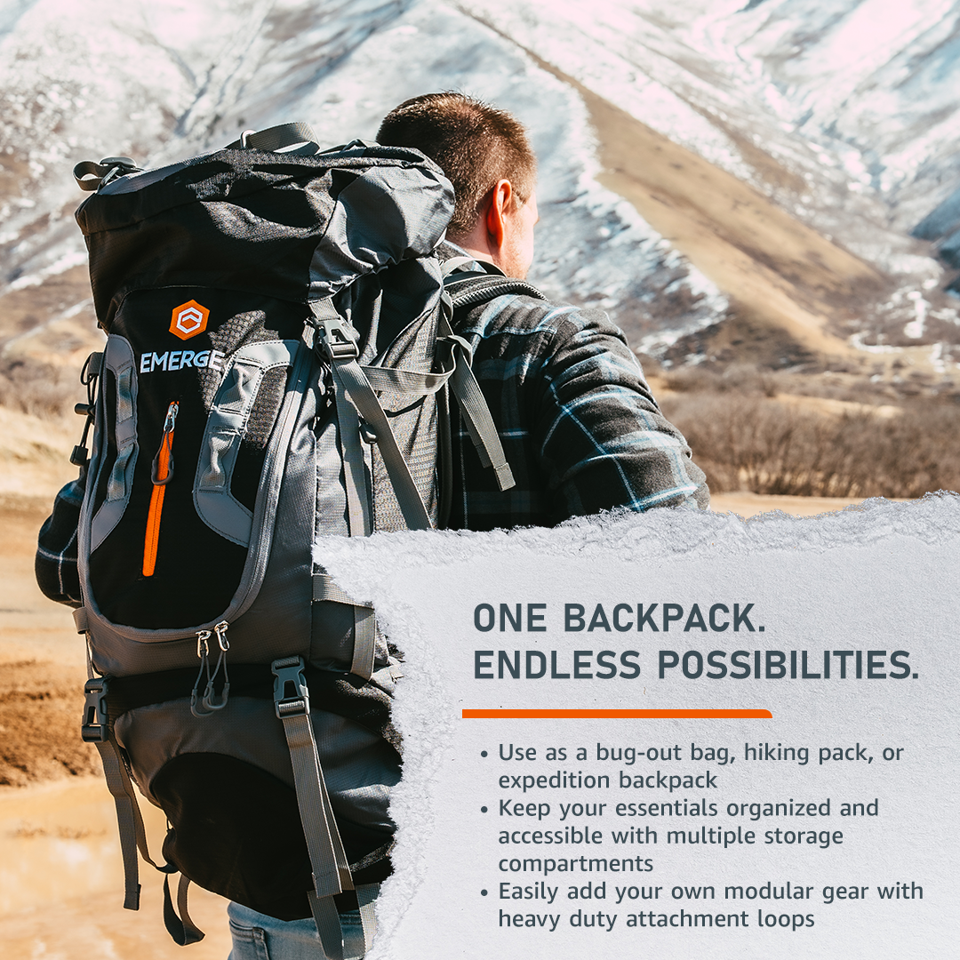 Emerge Survival 80L Ranger survival backpack with multiple compartments, adjustable straps, and durable outdoor material.