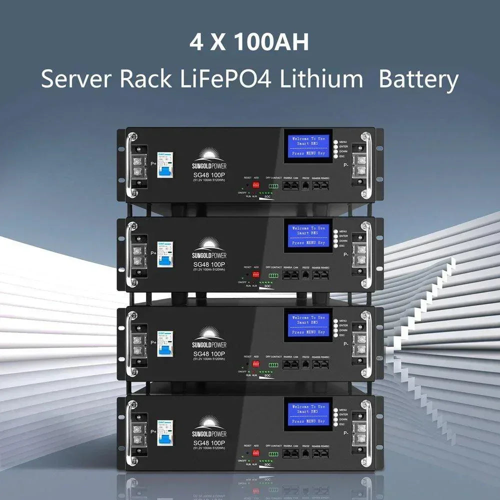 Green Vista Living off-grid solar kit with 14 solar panels and lithium battery, designed for server rack solar power systems.