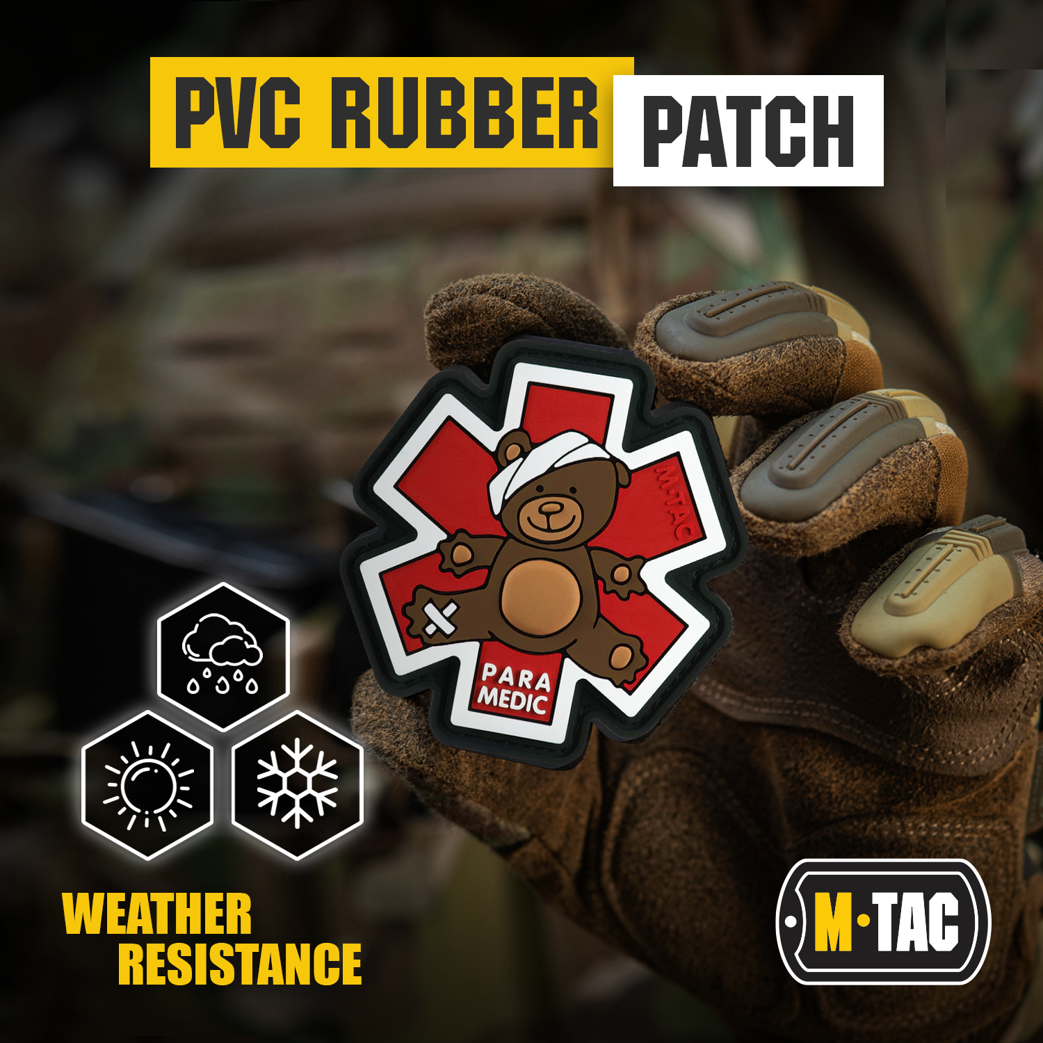 Embroidered M-TAC Paramedic Bear patch featuring detailed bear design and vibrant colors on a fabric background.