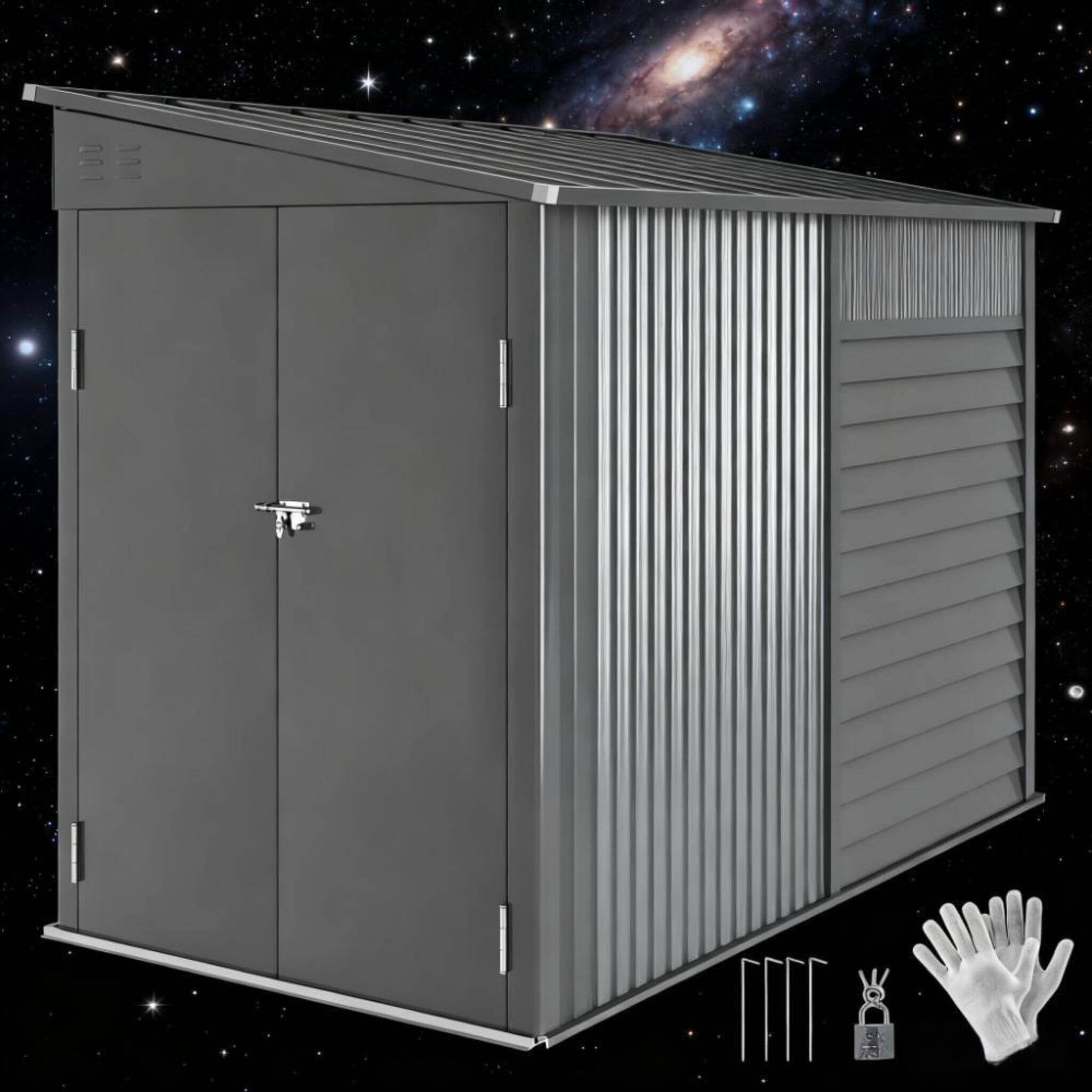 Heavy-duty galvanized steel storage shed with lockable doors, featuring a close-up view of the structure and design.