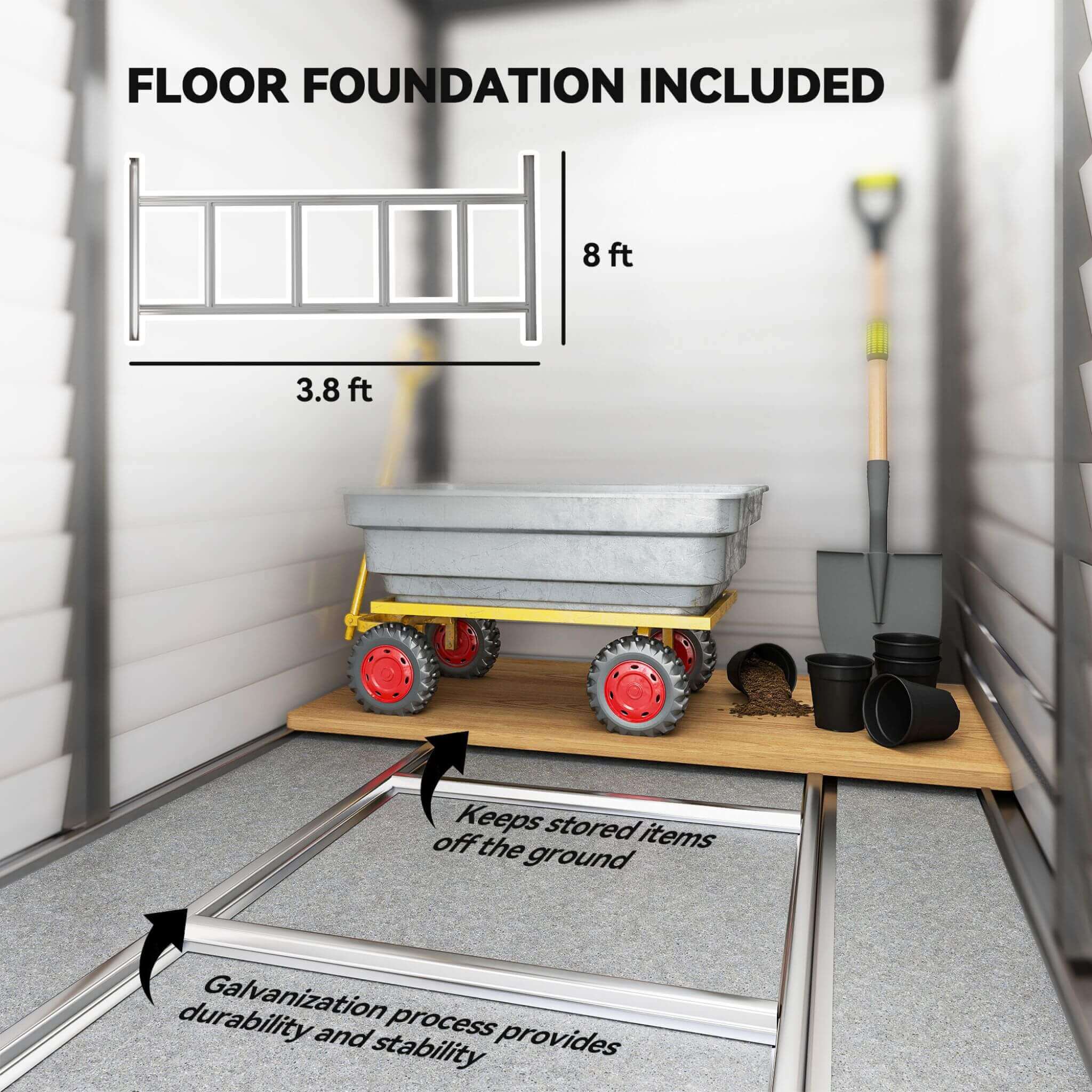 Heavy-duty outdoor galvanized steel storage shed with lockable doors, featuring floor foundation details. SAKSBY WHOLESALE.