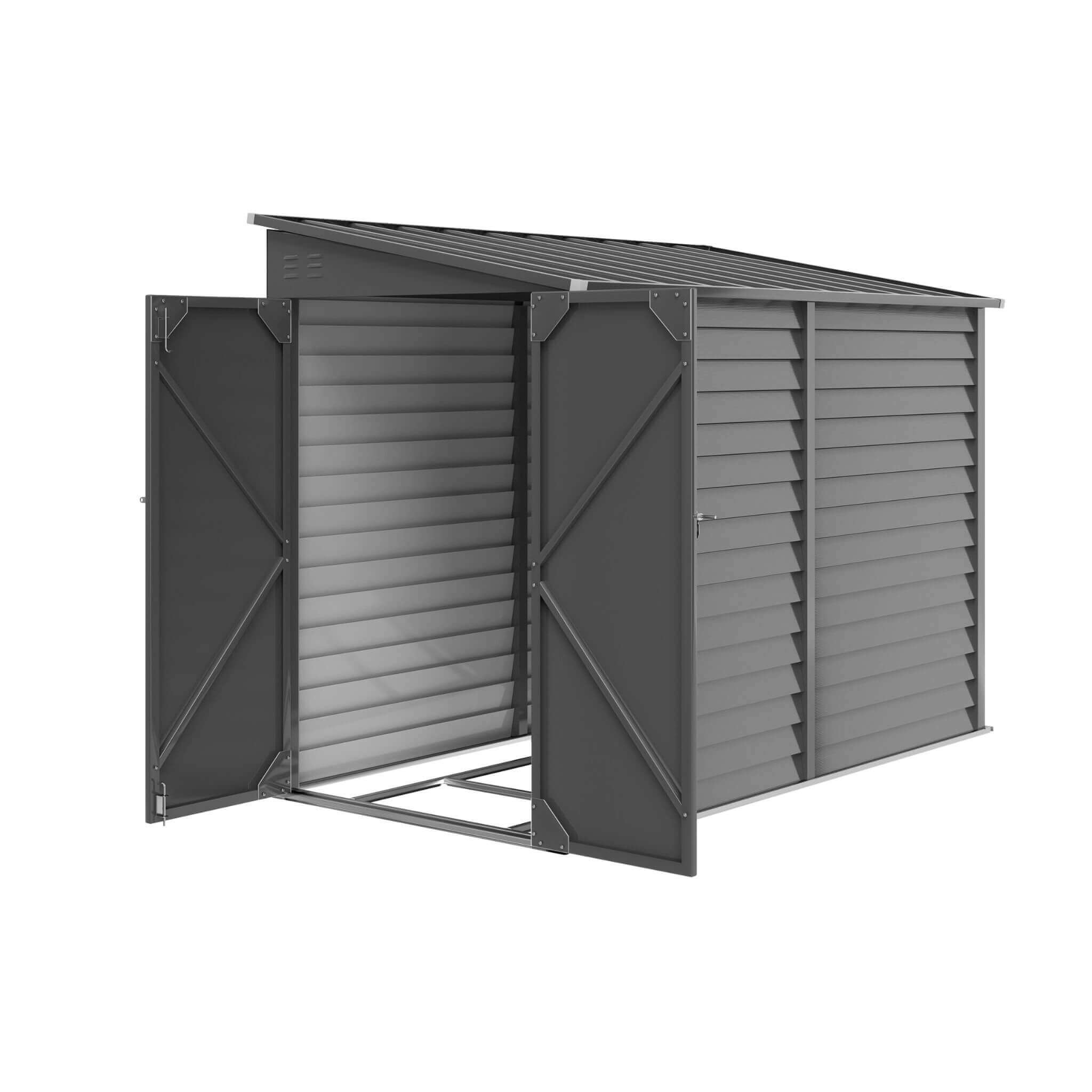 Heavy-duty outdoor galvanized steel storage shed with lockable doors, showing front and side view, SAKSBY WHOLESALE.