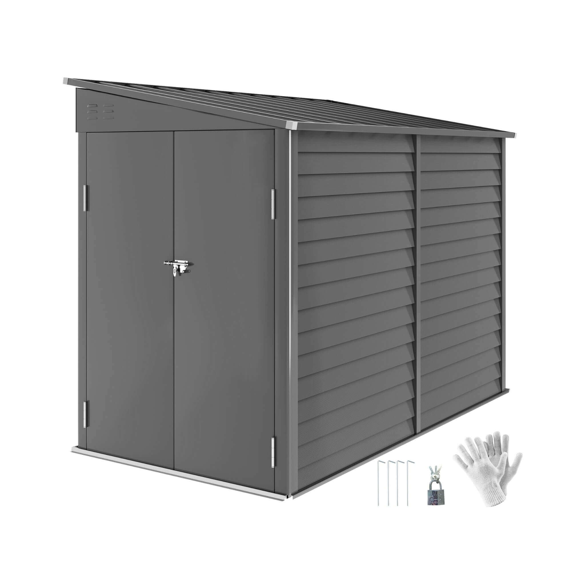 Front view of SAKSBY WHOLESALE heavy-duty outdoor galvanized steel storage shed with lockable doors.