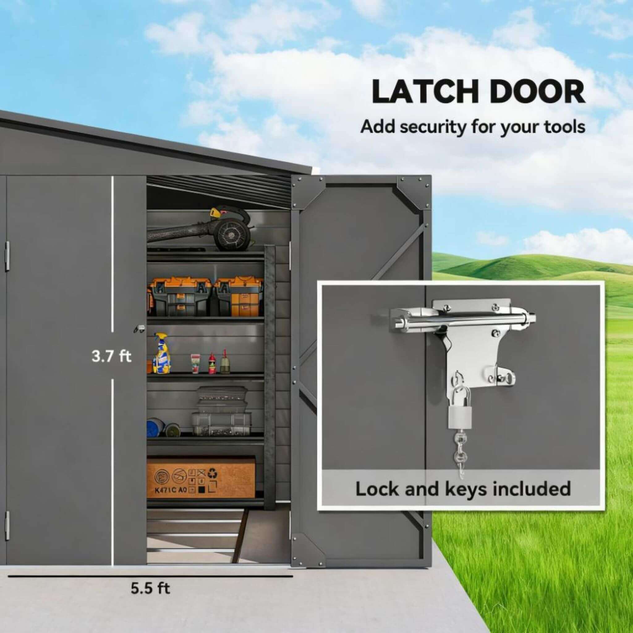 Heavy-duty outdoor galvanized steel storage shed with lockable doors, featuring a secure latch and durable construction.