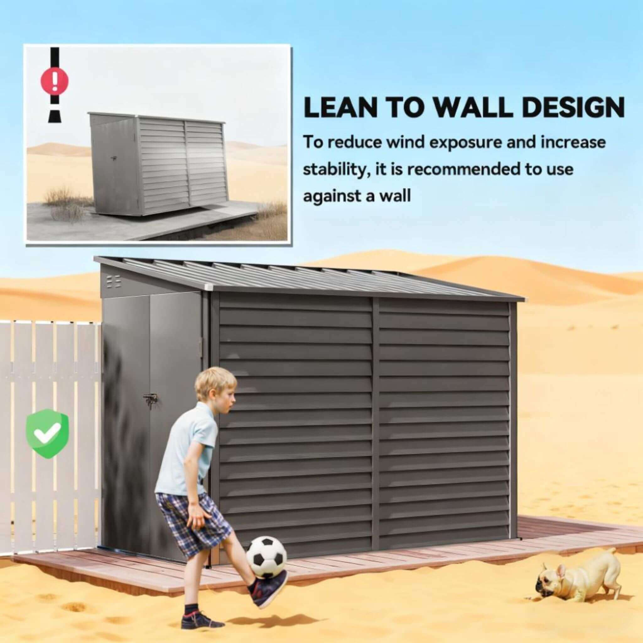 Heavy-duty outdoor galvanized steel storage shed with lockable doors and lean-to wall design, by SAKSBY WHOLESALE.