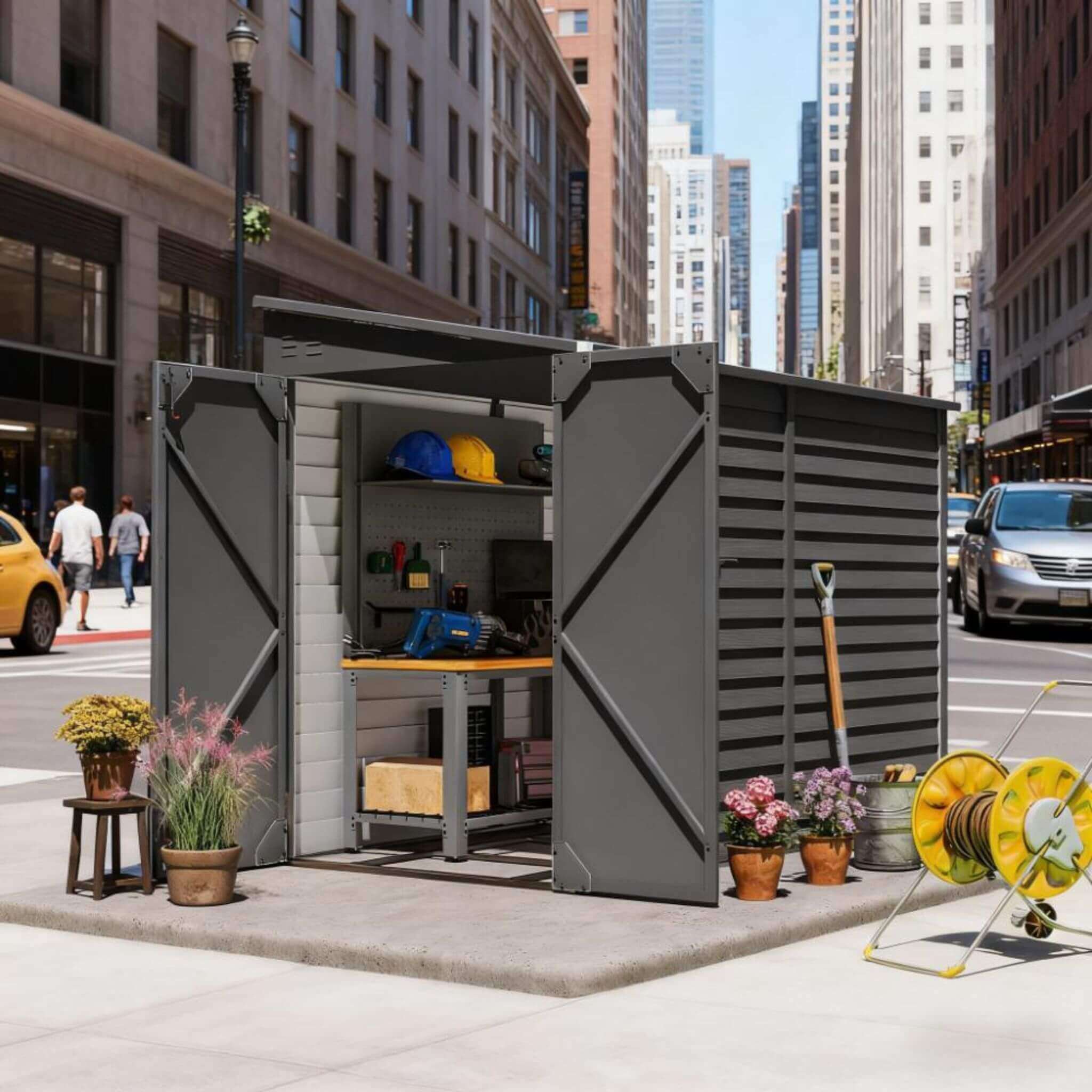 Heavy-duty galvanized steel storage shed with lockable doors, measuring 05x09FT, in a natural outdoor setting.