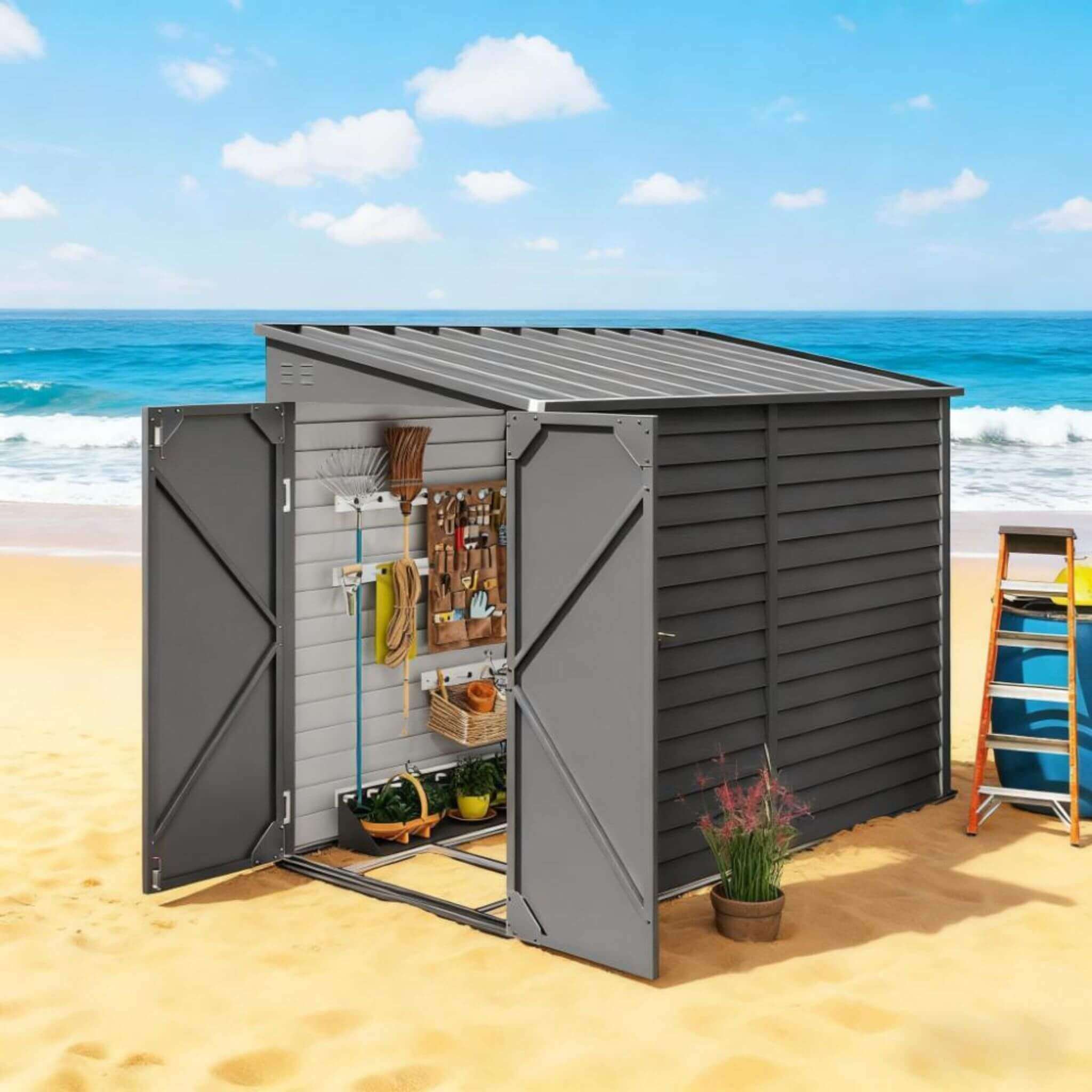 Heavy-duty outdoor galvanized steel storage shed with lockable doors, showcasing a spacious design and durable construction.