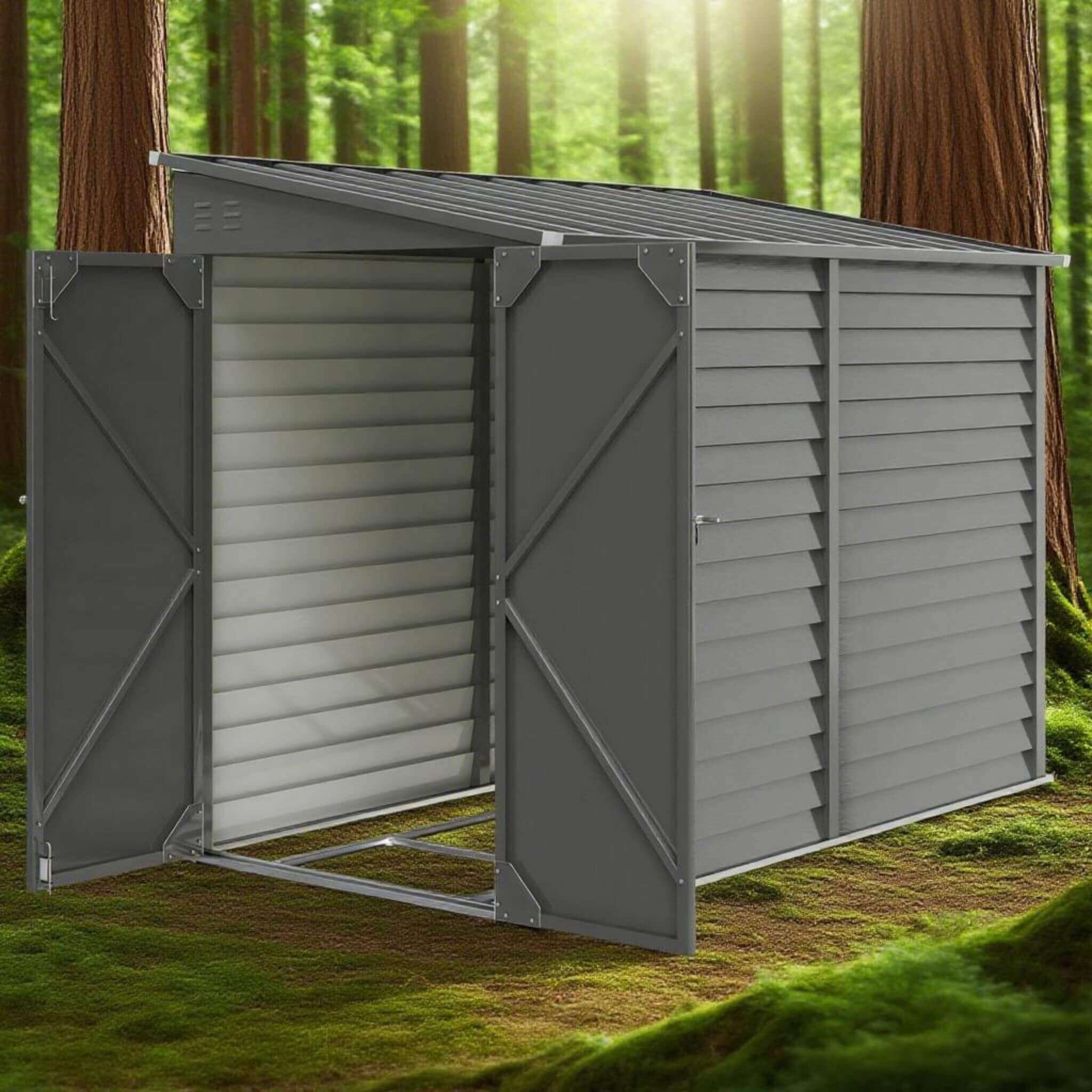 Heavy-duty galvanized steel storage shed with lockable doors, measuring 05x09FT, by SAKSBY WHOLESALE.