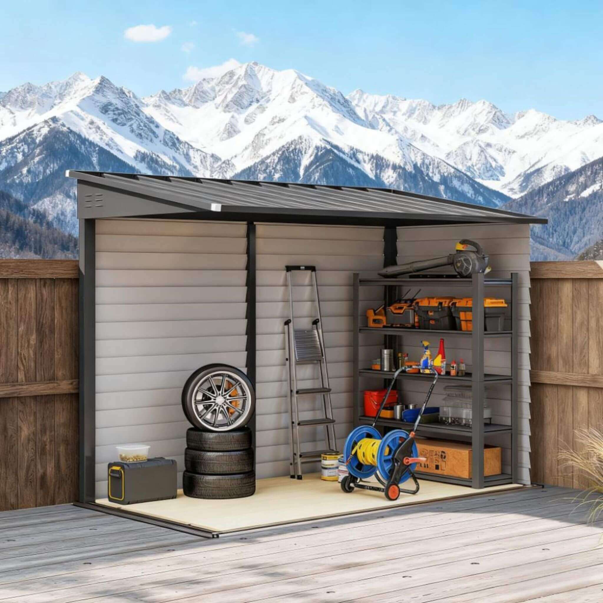 Heavy-duty outdoor galvanized steel storage shed with lockable doors, 05x09FT size, by SAKSBY WHOLESALE.
