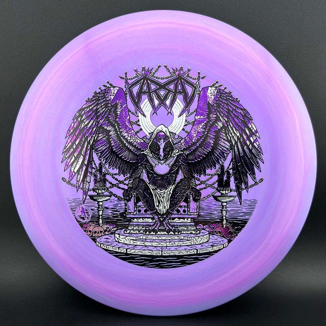 ESP Glo Buzzz disc golf disc by Ripper Studios featuring Karudi the Overseer design, with a glowing purple and green color scheme.