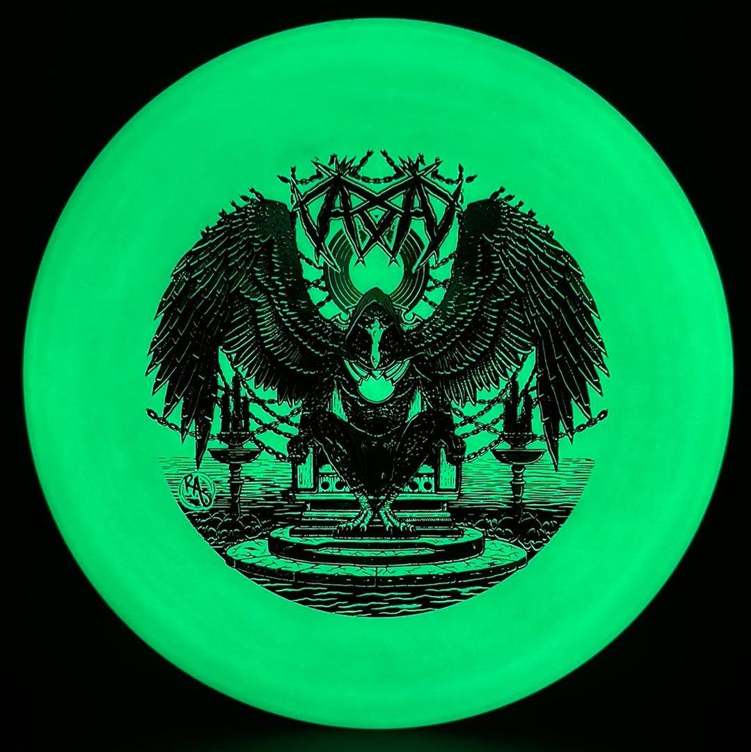 ESP Glo Buzzz disc golf disc by Rare Air Discs featuring Karudi the Overseer design from Ripper Studios, vibrant glow-in-the-dark finish.