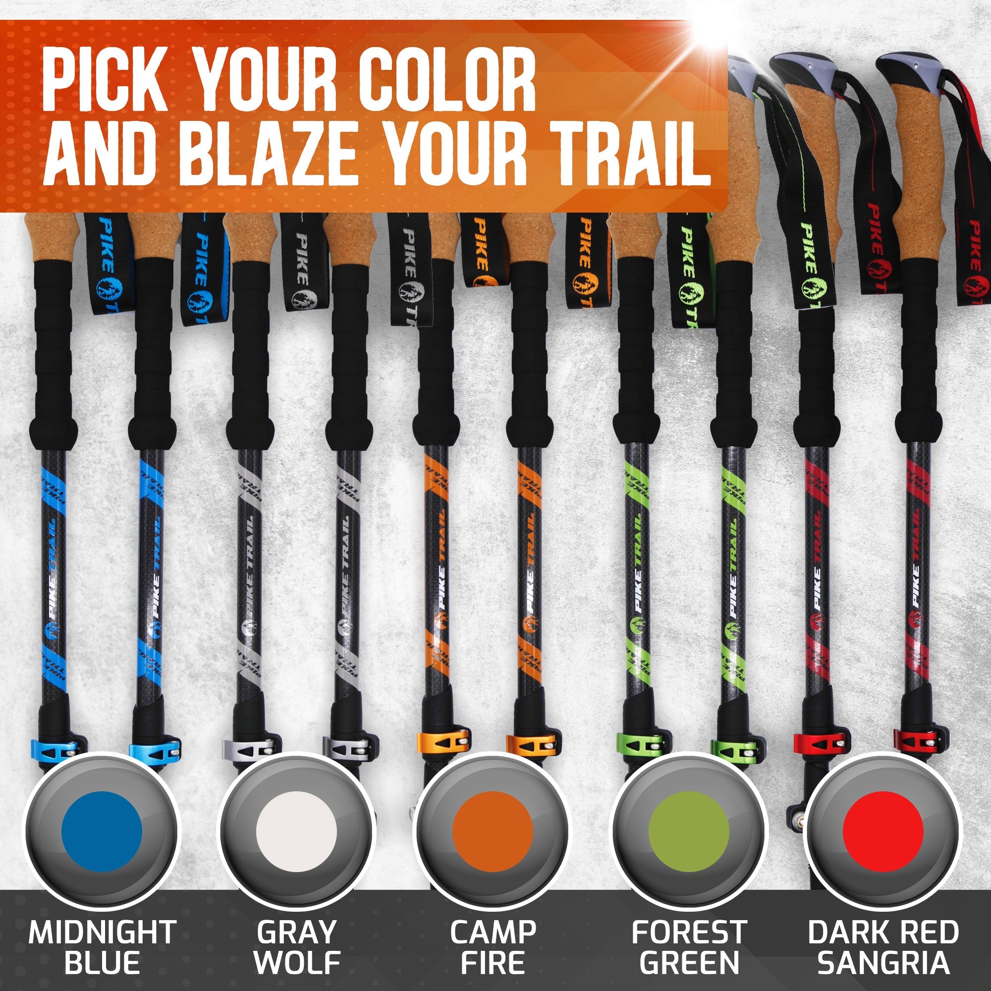 Pike Trail carbon fiber trekking poles with adjustable height and foam grips for lightweight hiking and outdoor adventures.