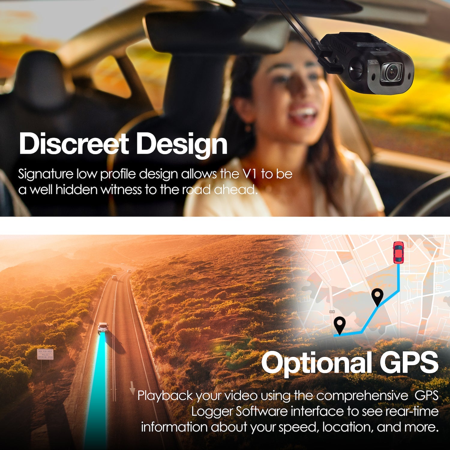 Rexing V1 4K Ultra HD dash cam with Wi-Fi, showcasing sleek design and lens for high-quality recording in vehicle.