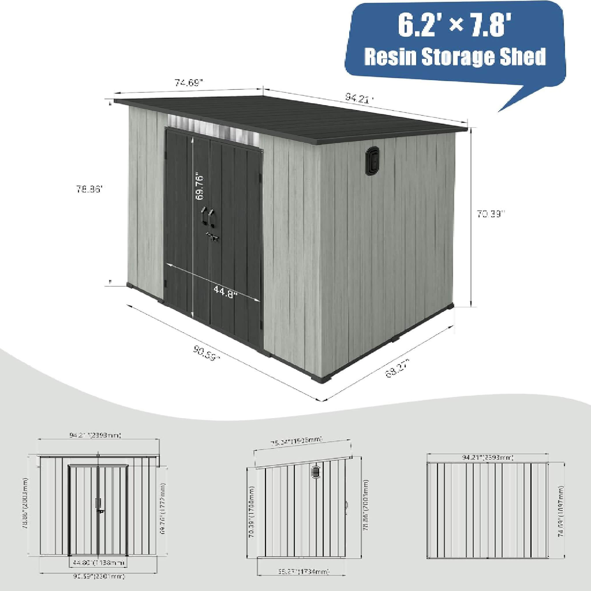06x08ft Alora outdoor resin storage shed with lockable double doors and sloping roof, shown in dimensions view.