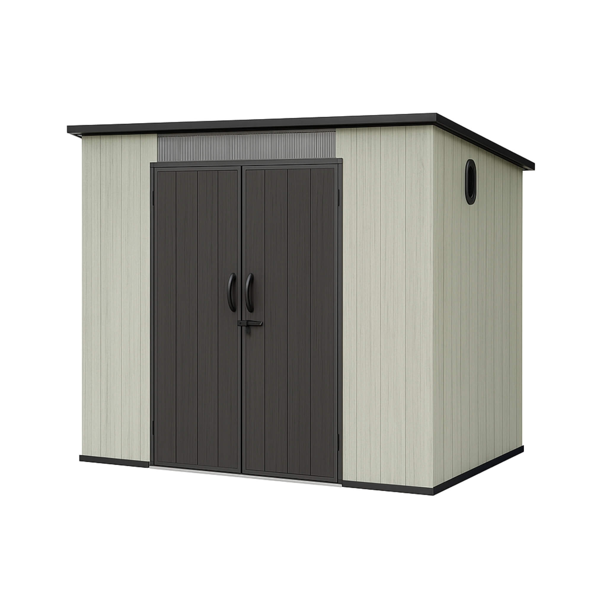 Front view of SAKSBY WHOLESALE 06x08ft outdoor resin storage shed with lockable double doors and sloping roof.