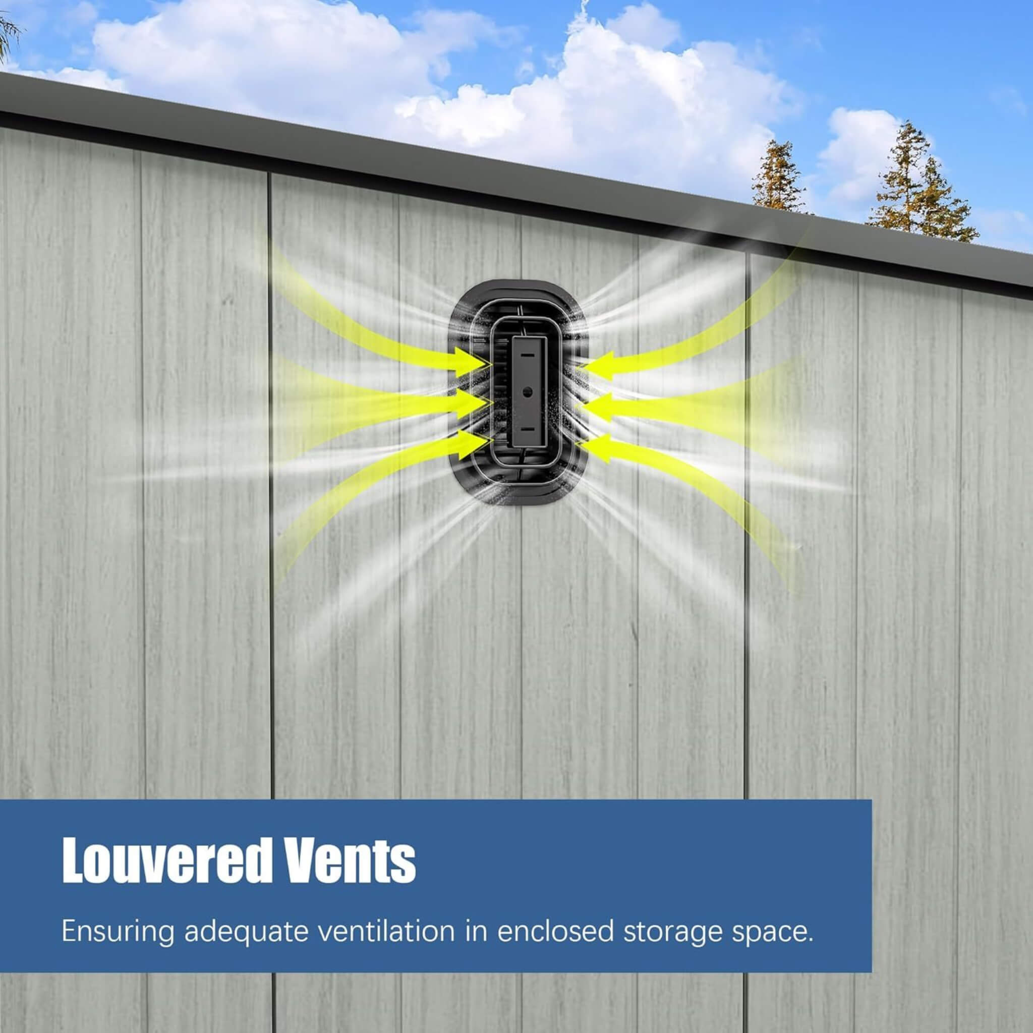 Alora 06x08ft outdoor resin storage shed with lockable double doors and sloping roof, featuring louvered vents.