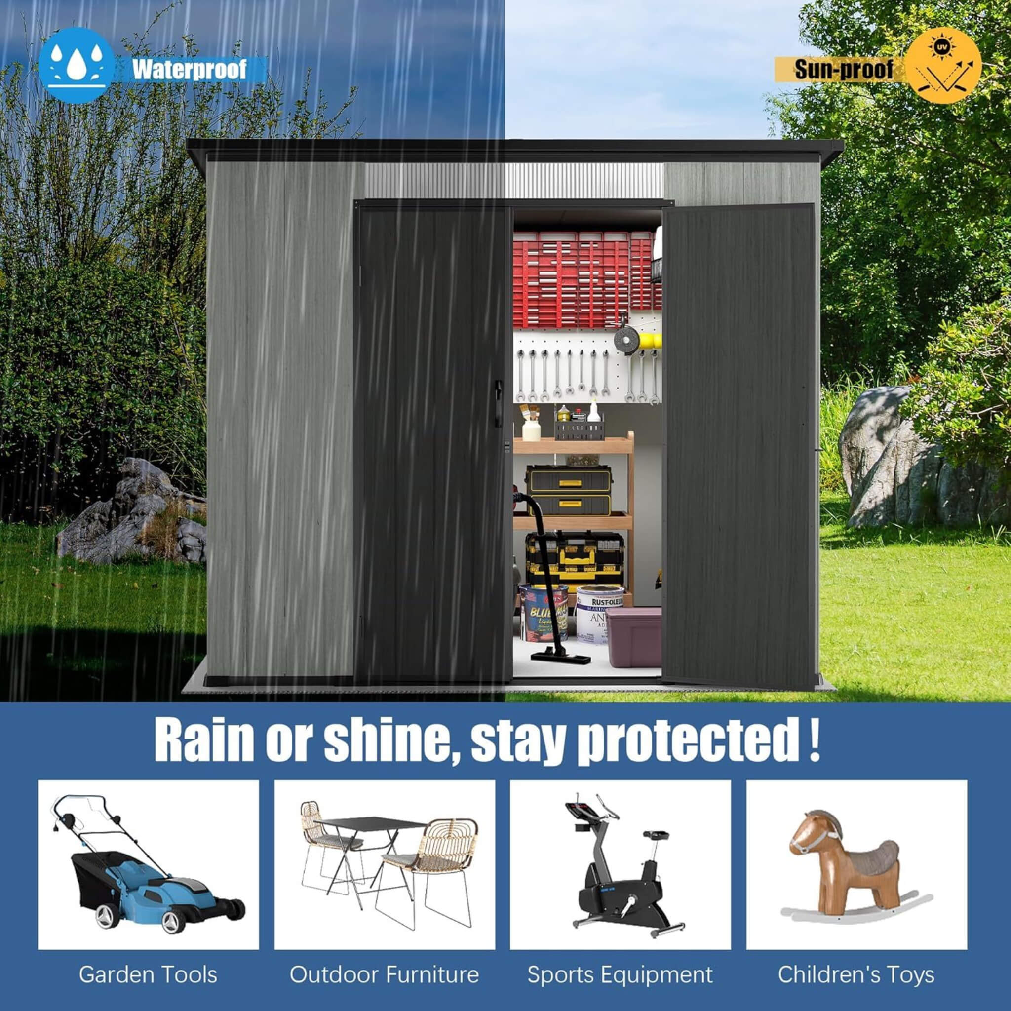 06x08ft Alora outdoor resin storage shed with lockable double doors and sloping roof, weather-resistant design.