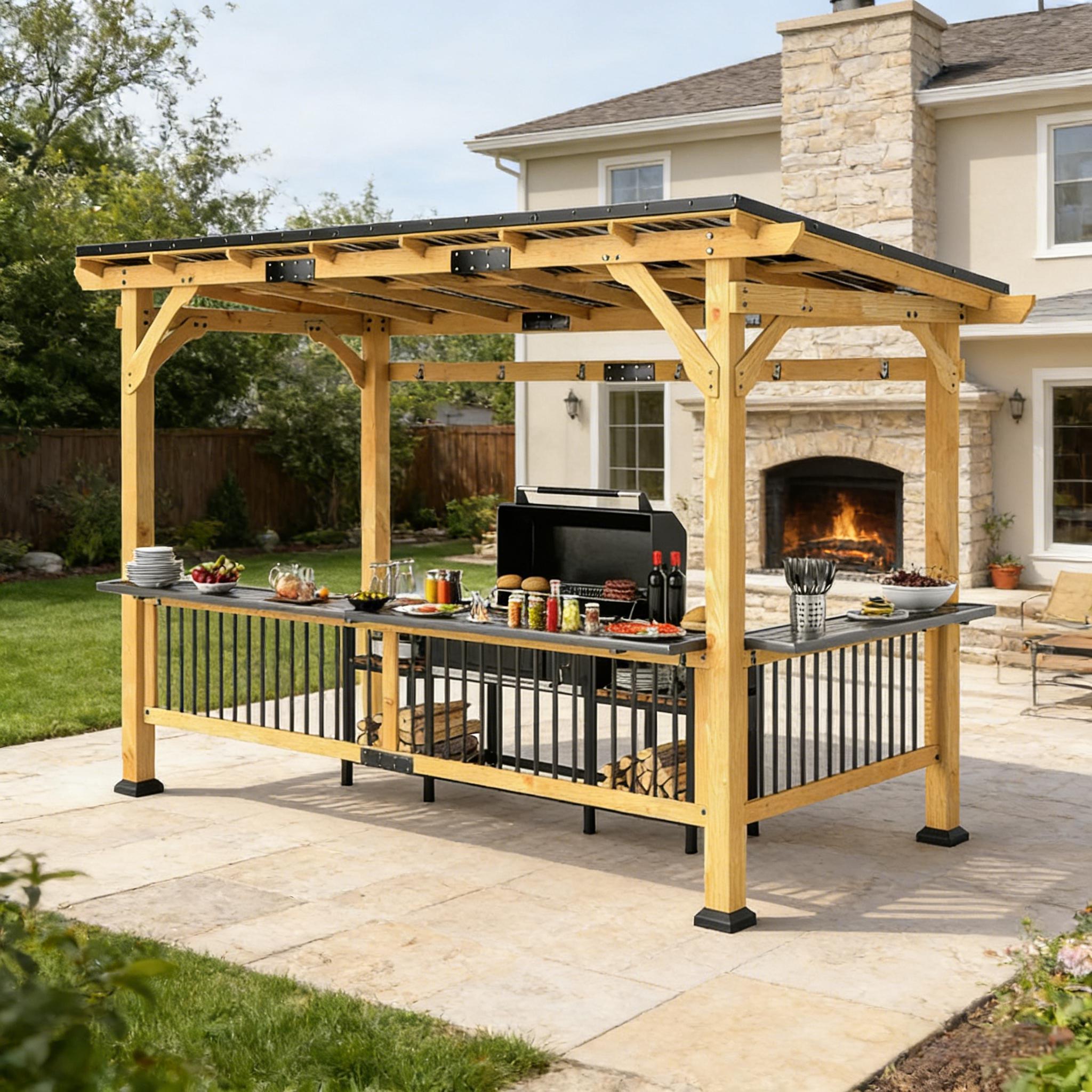 Outdoor 6x13ft wooden BBQ grill gazebo with hardtop roof, featuring sturdy wooden frame and spacious design for outdoor cooking.