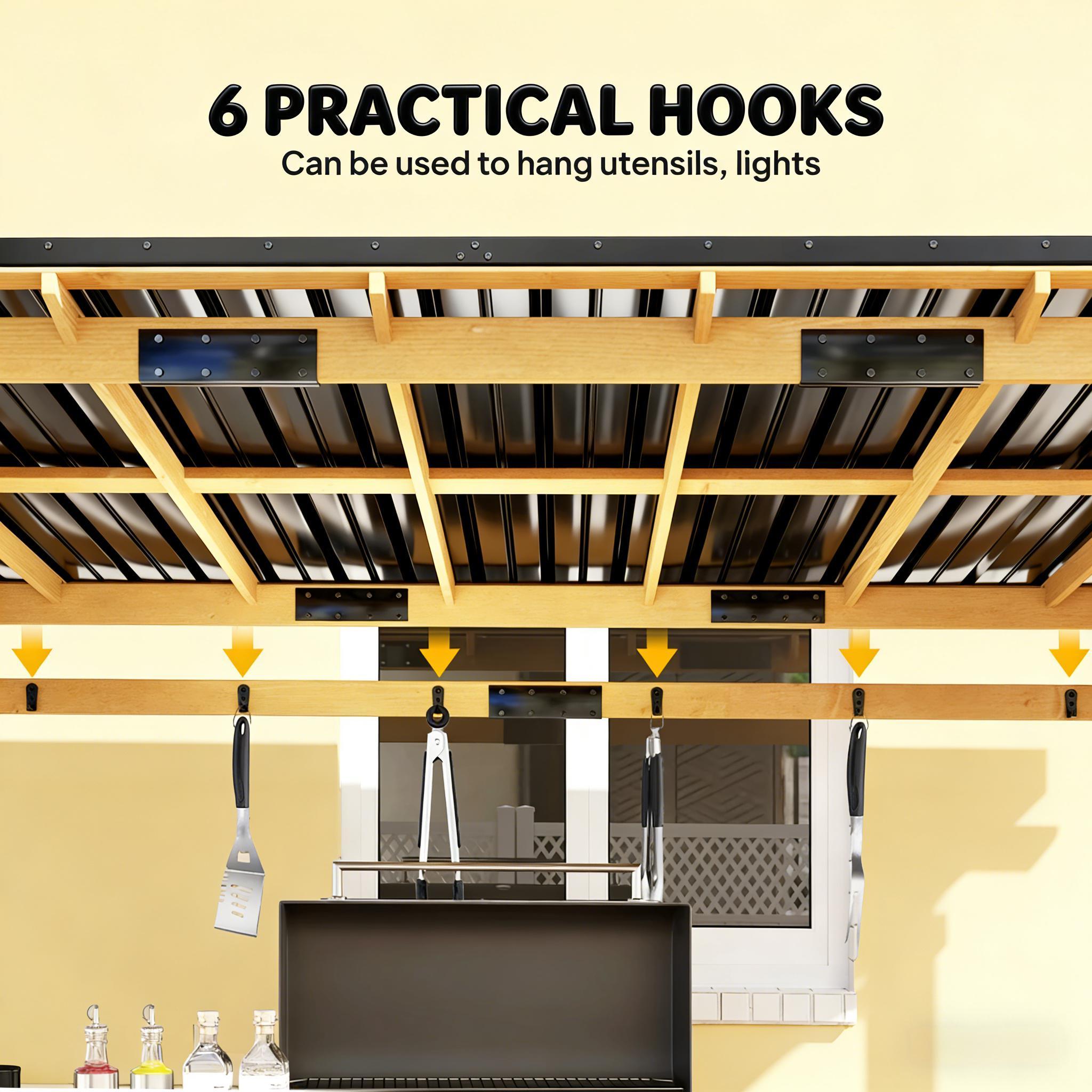 06x13ft premium outdoor hardtop wooden BBQ grill gazebo with sturdy frame, practical hooks, ideal for outdoor cooking and entertaining.