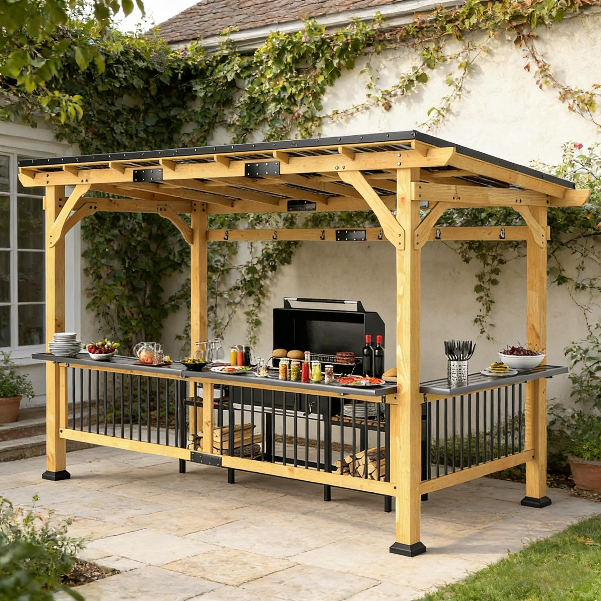 06x13ft wooden BBQ grill gazebo with hardtop roof, outdoor canopy for grilling and dining, by SAKSBY WHOLESALE