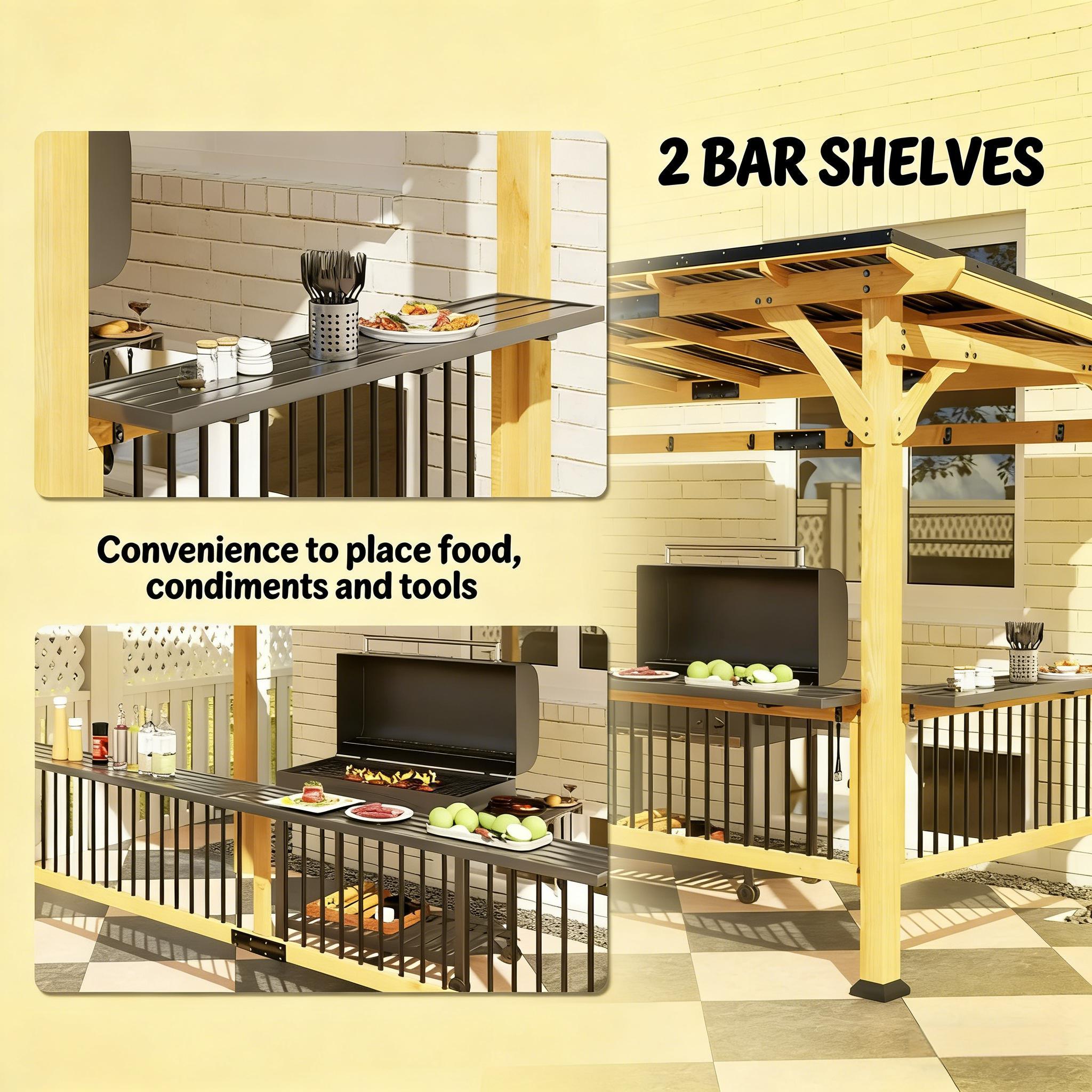06x13ft wooden outdoor BBQ grill gazebo with hardtop roof, shelves, and sturdy frame, ideal for outdoor cooking and entertaining.