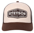 Cream and brown Stetson American Legend Patch trucker cap with mesh back, casual headwear, from HatCountry.