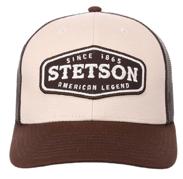 Cream and brown Stetson American Legend Patch trucker cap with mesh back, casual headwear, from HatCountry.