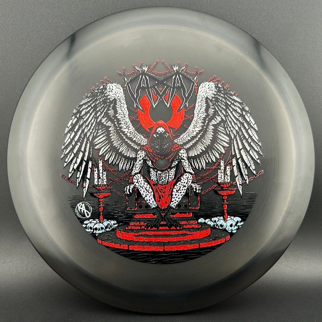 CryZtal Buzzz disc golf disc by Rare Air Discs featuring colorful, transparent plastic and detailed artwork of Karudi the Overseer.
