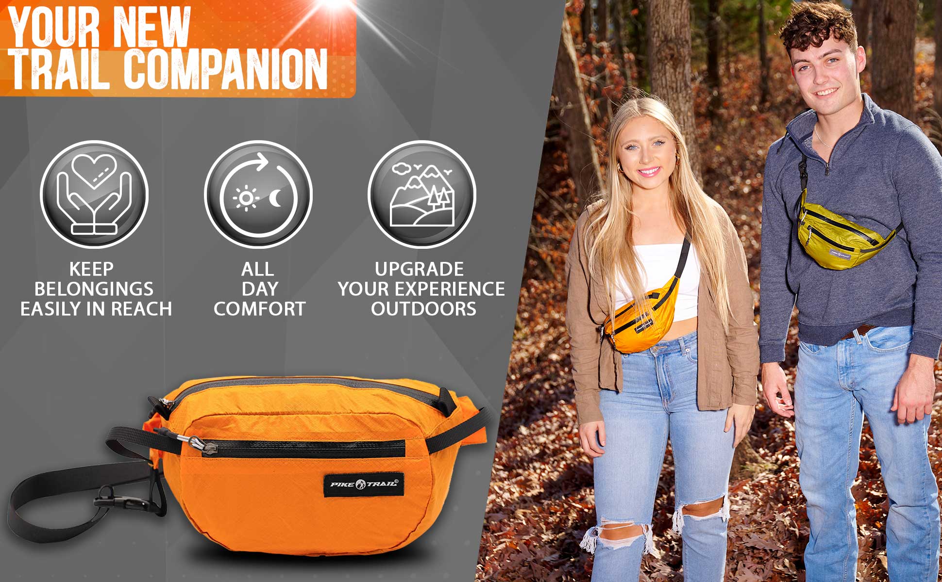 Pike Trail fanny pack with adjustable strap, multiple compartments, and durable nylon material for outdoor activities.
